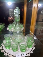Green glass decanter and glasses