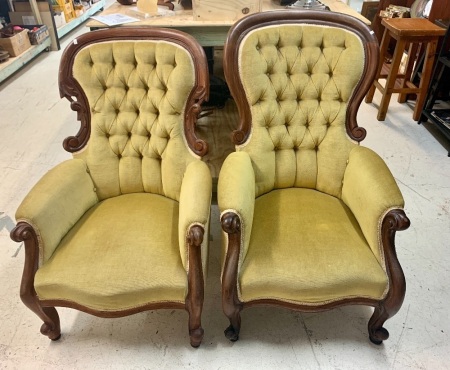 Pair of Victorian Upholstered Button Back Grandfather Chairs with Mahogany Frame