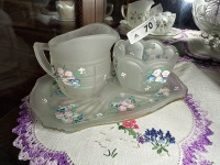 Frosted glass cream and sugar set with hand painted floral pattern (CHOICE 70, 71)