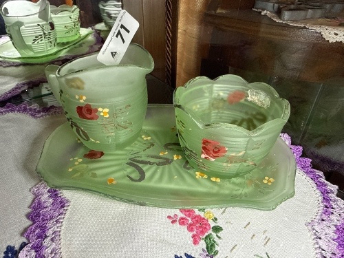 Frosted green glass cream and sugar set with hand painted floral pattern (CHOICE 70, 71)