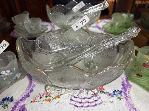 Pressed clear glass salad bowl with glass servers