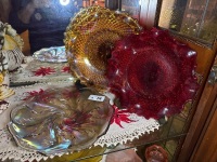 3x Fenton style press glass plates - ruby red, amber, amethyst