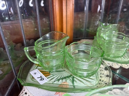 Green depression glass cream and sugar set (QTY CHOICE 79, 80, 81)