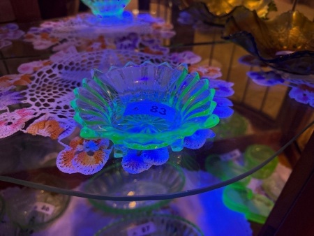 Green depression, uranium/glow glass footed pin dish or bowl