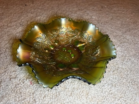 Amethyst carnival glass bowl with fruit pattern