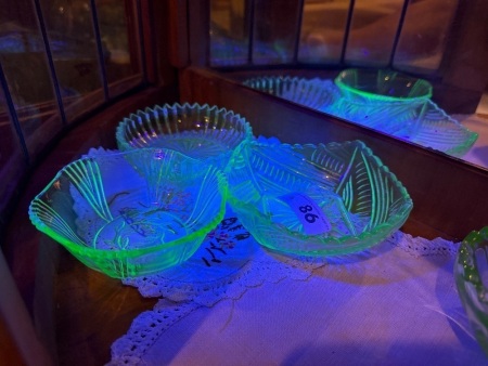 3x green depression, uranium/glow glass pin dishes or bowls