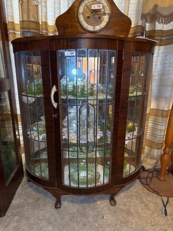 Wooden veneer bow front display cabinet with leadlight panelling