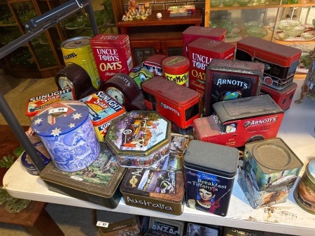 Job lot of various tins, including uncle Toby's, Arnott, sunlight soap etc