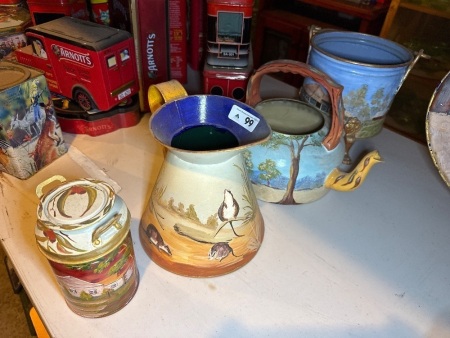 Tins/kettle etc hand painted by Shirley.A.Cole
