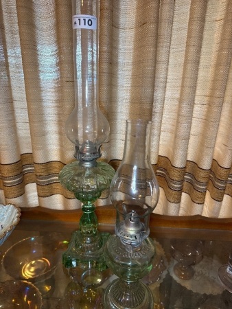 2x pressed green glass oil lanterns