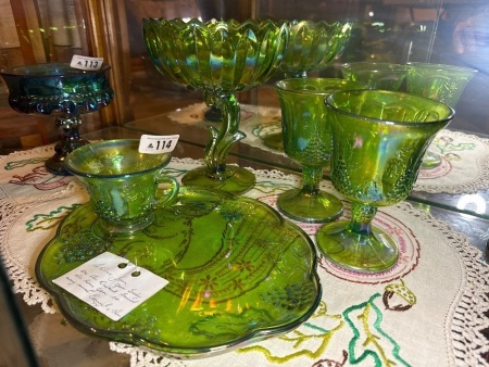 Green carnival glass Comport, plate and cup set, goblets