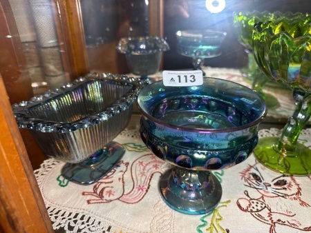 Amethyst carnival glass pedestal candy bowl and butter dish - butter dish chipped/crack