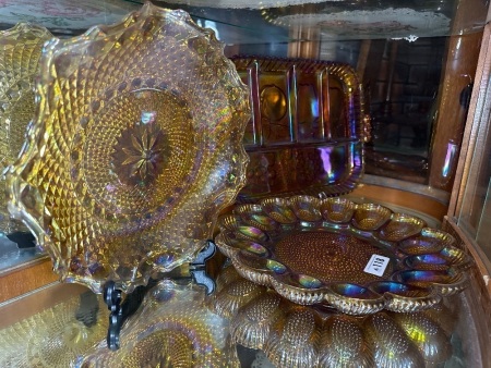 3x Amber Carnival glass platters