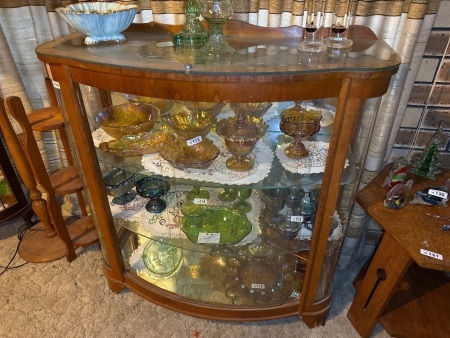 Vintage bow front display cabinet with glass shelving and sliding doors &ndash; some damage to veneer