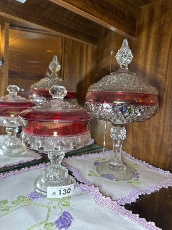 2x pedestal candy dishes with Ruby red band