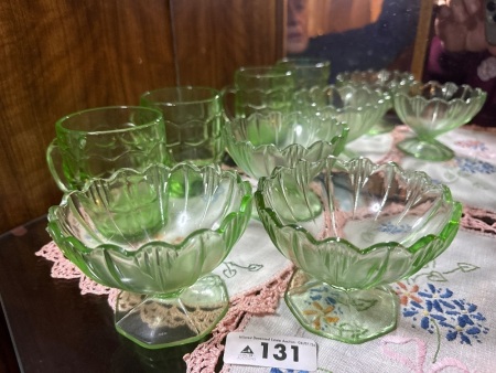 Green depression, glass cups and dishes