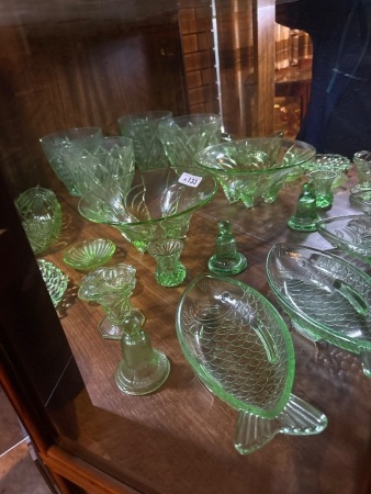 Shelf lot of green depression glass pieces