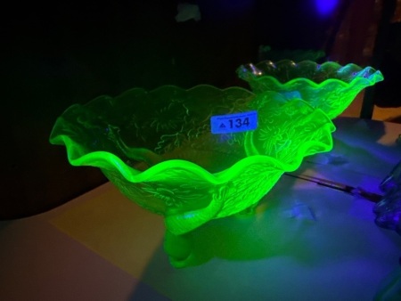 Green depression, glass footed uranium/glow glass bowl