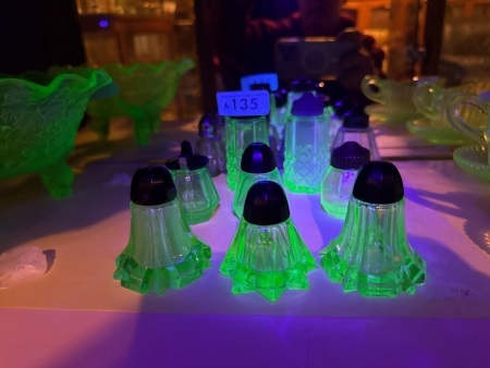 Assortment of green glass, salt and pepper shakers &ndash; mostly uranium/glow