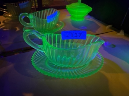 Green depression, glass cream jug and dish (QTY CHOICE 136, 137)