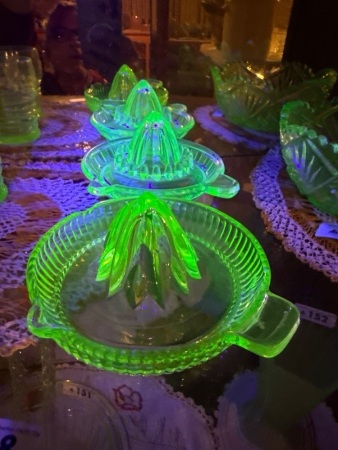 2x green, depression glass lemon squeezes &ndash; one is chipped