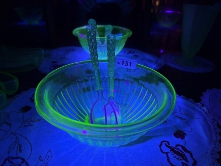 Green uranium/glow glass salad bowl with uranium glass servers