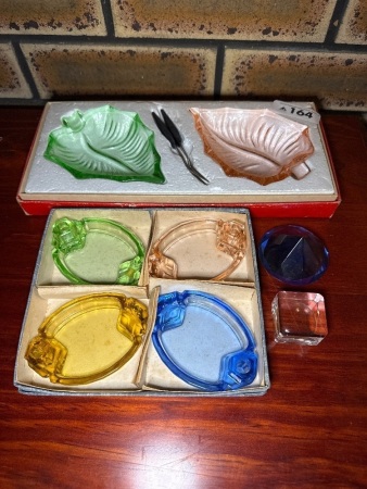 Coloured glass dishes, etc