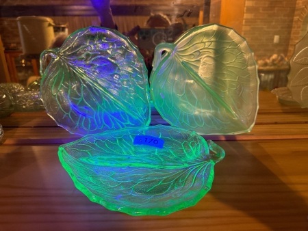 3x Leaf shaped uranium/glow glass serving dishes