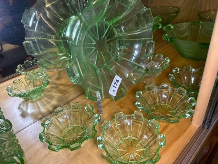 Set of green depression glass bowl and dishes