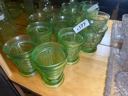 Green depression, glass water glasses