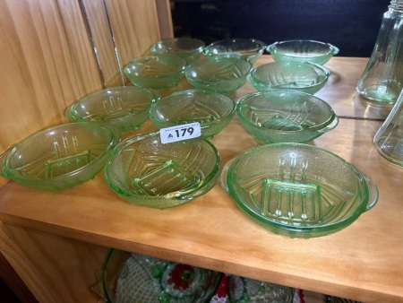 Set of green depression glass dishes