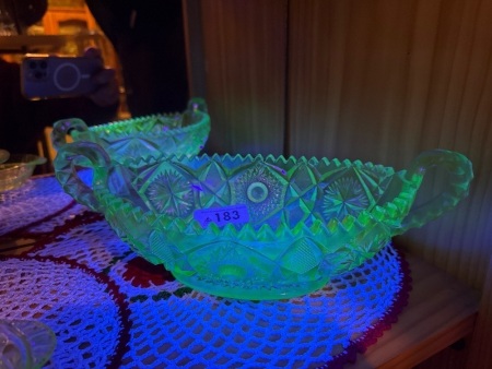 Green depression, uranium/glow glass handled bowl