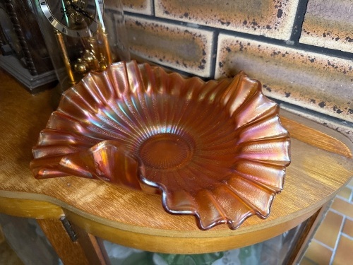 Marigold Carnival glass ruffle bowl