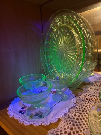 3x Green uranium/glow glass goblet plus plate