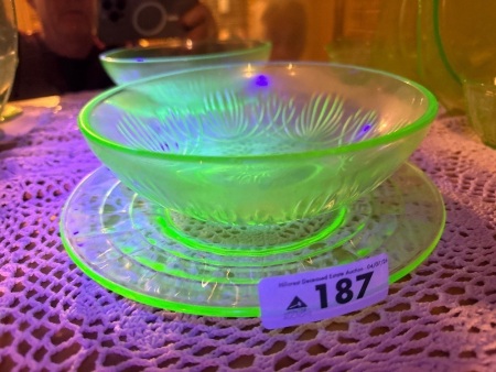 Green uranium/glow glass plate and bowl