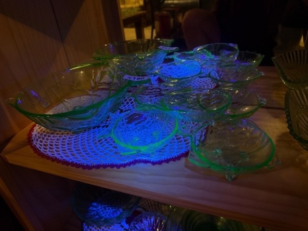 Green depression fish shape uranium/glow glass bowl and dishes