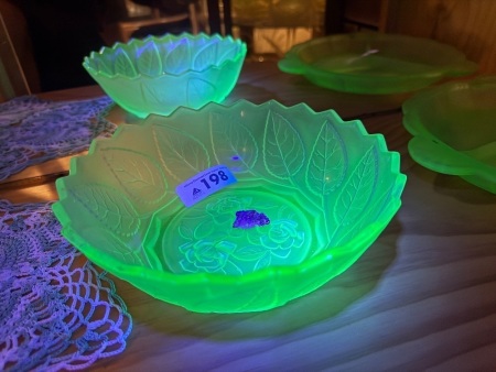Frosted green depression uranium/glow glass bowl