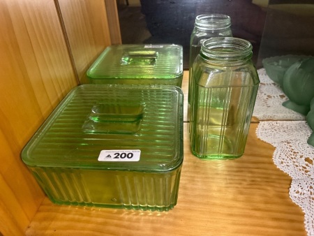Large green depression, glass butter dish plus jar &ndash; small chip on lid of butter dish