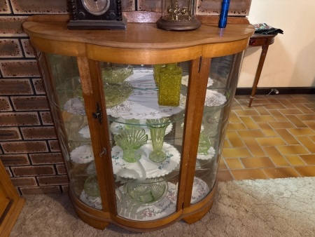 Vintage bow front display cabinet with etched Swan design and glass shelving