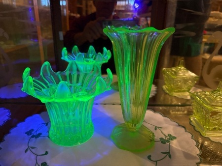 2 x green uranium/glow glass vases - crack/fault in shorter vase ?