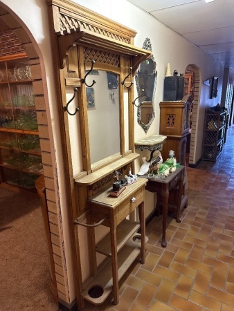 Vintage farmhouse style pine hall stand with brass fittings