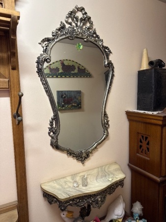 French style brass look mirror and bench