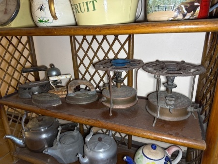 Shelf lot of vintage irons +2 kerosene pressure cookers