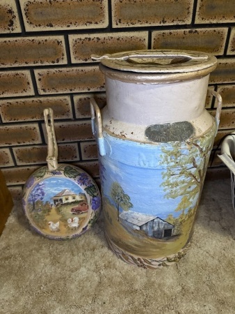 Vintage Malley cream can and fry pan hand painted by Shirley a Cole