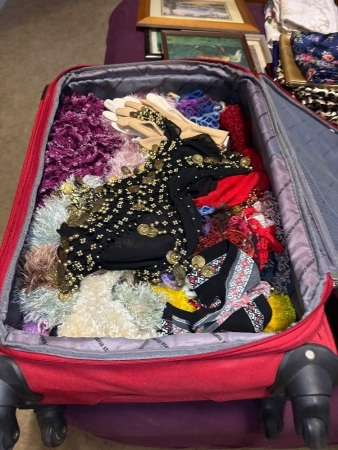 Suitcase containing dress up scarves