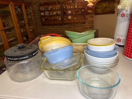 Large lot of kitchen glassware bowls and dishes