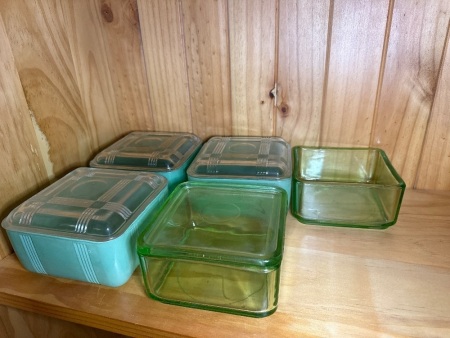 Five square glass butter dishes &ndash; one with no lid