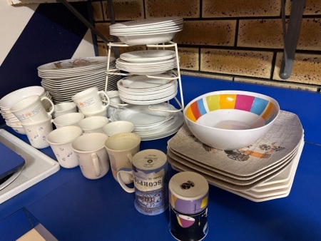 Large lot of plate cups serving trays, etc