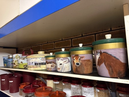 Shelf lot of painted tins - hand painted by Shirley A Cole