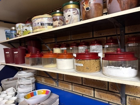 Shelf lot of plastic storage containers with contents